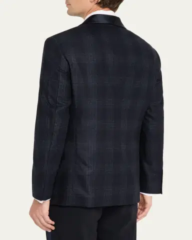 Brunello Cucinelli Men's Overplaid Satin Shawl-Lapel Tuxedo Jacket | Thumbnail 3 Brunello Cucinelli Men's Overplaid Satin Shawl-Lapel Tuxedo Jacket | Thumbnail 3
