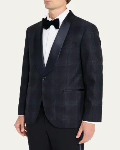 Brunello Cucinelli Men's Overplaid Satin Shawl-Lapel Tuxedo Jacket | Thumbnail 4 Brunello Cucinelli Men's Overplaid Satin Shawl-Lapel Tuxedo Jacket | Thumbnail 4