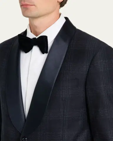 Brunello Cucinelli Men's Overplaid Satin Shawl-Lapel Tuxedo Jacket | Thumbnail 5 Brunello Cucinelli Men's Overplaid Satin Shawl-Lapel Tuxedo Jacket | Thumbnail 5