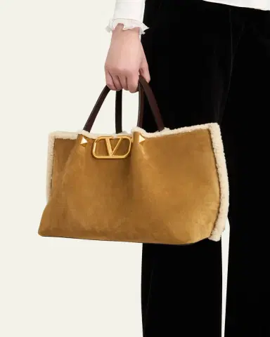 Valentino Garavani Medium Suede Shopping Bag with Shearling Lining | Thumbnail 2 Valentino Garavani Medium Suede Shopping Bag with Shearling Lining | Thumbnail 2