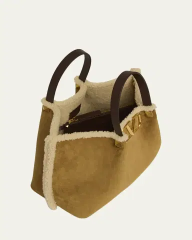Valentino Garavani Medium Suede Shopping Bag with Shearling Lining | Thumbnail 4 Valentino Garavani Medium Suede Shopping Bag with Shearling Lining | Thumbnail 4