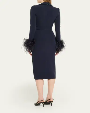Badgley Mischka Belted Feather-Cuff Midi Sheath Dress | Thumbnail 3 Badgley Mischka Belted Feather-Cuff Midi Sheath Dress | Thumbnail 3