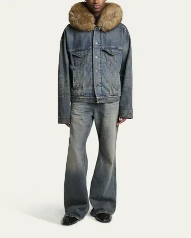 Balenciaga Men's Faux Fur-Trim Hooded Denim Trucker Jacket | Thumbnail 2 Balenciaga Men's Faux Fur-Trim Hooded Denim Trucker Jacket | Thumbnail 2