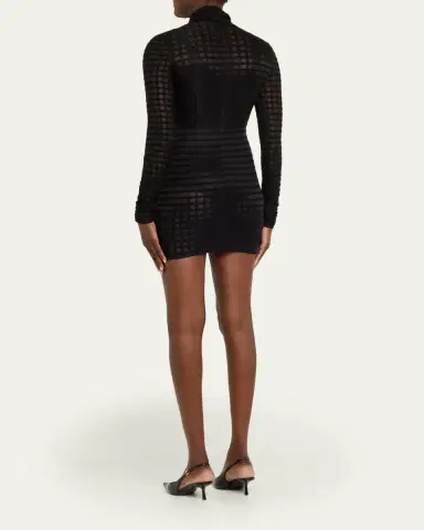 LaQuan Smith Bow-Neck Sheer Windowpane Long-Sleeve Mini Dress | Thumbnail 3 LaQuan Smith Bow-Neck Sheer Windowpane Long-Sleeve Mini Dress | Thumbnail 3