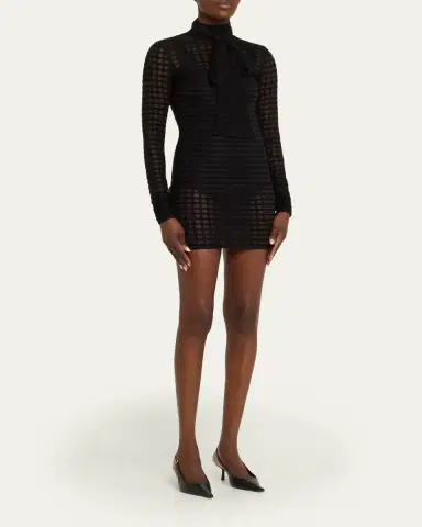 LaQuan Smith Bow-Neck Sheer Windowpane Long-Sleeve Mini Dress | Thumbnail 4 LaQuan Smith Bow-Neck Sheer Windowpane Long-Sleeve Mini Dress | Thumbnail 4