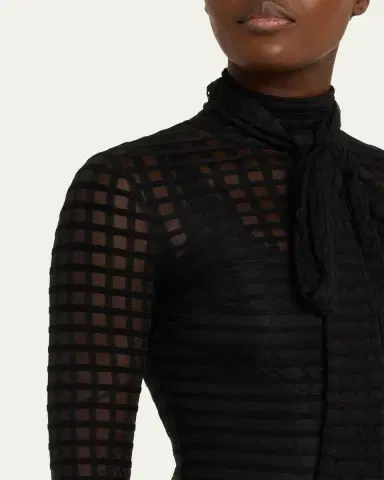LaQuan Smith Bow-Neck Sheer Windowpane Long-Sleeve Mini Dress | Thumbnail 5 LaQuan Smith Bow-Neck Sheer Windowpane Long-Sleeve Mini Dress | Thumbnail 5