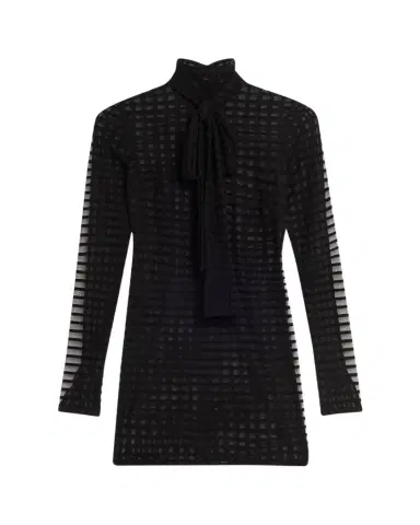 LaQuan Smith Bow-Neck Sheer Windowpane Long-Sleeve Mini Dress | Thumbnail 1 LaQuan Smith Bow-Neck Sheer Windowpane Long-Sleeve Mini Dress | Thumbnail 1