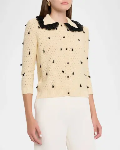 Valentino Garavani Pointelle Micro Tassel Ruffled Cardigan | Thumbnail 12 Valentino Garavani Pointelle Micro Tassel Ruffled Cardigan | Thumbnail 12