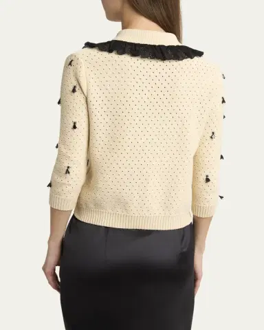 Valentino Garavani Pointelle Micro Tassel Ruffled Cardigan | Thumbnail 3 Valentino Garavani Pointelle Micro Tassel Ruffled Cardigan | Thumbnail 3