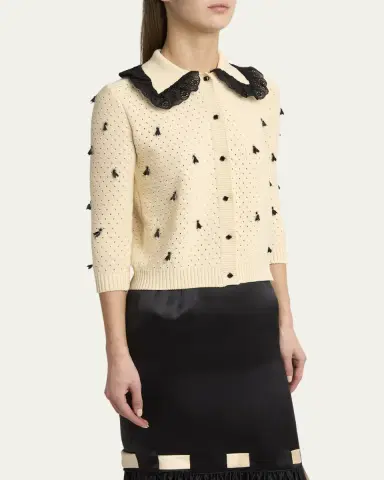 Valentino Garavani Pointelle Micro Tassel Ruffled Cardigan | Thumbnail 4 Valentino Garavani Pointelle Micro Tassel Ruffled Cardigan | Thumbnail 4