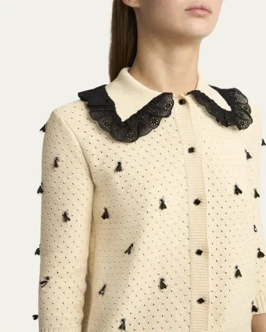 Valentino Garavani Pointelle Micro Tassel Ruffled Cardigan | Thumbnail 5 Valentino Garavani Pointelle Micro Tassel Ruffled Cardigan | Thumbnail 5