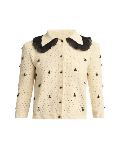Valentino Garavani Pointelle Micro Tassel Ruffled Cardigan | Thumbnail 1 Valentino Garavani Pointelle Micro Tassel Ruffled Cardigan | Thumbnail 1