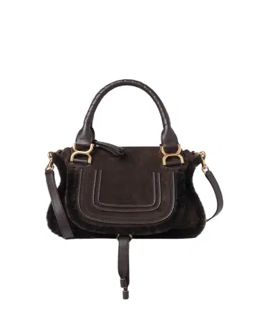 Chloé Marcie Saddle Shoulder Bag in Shearling-Trim Suede | Thumbnail 1 Chloé Marcie Saddle Shoulder Bag in Shearling-Trim Suede | Thumbnail 1