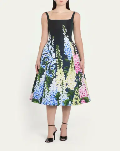 Oscar de la Renta Multi Foxglove Degrade Printed Faille Midi Cocktail Dress | Thumbnail 2 Oscar de la Renta Multi Foxglove Degrade Printed Faille Midi Cocktail Dress | Thumbnail 2