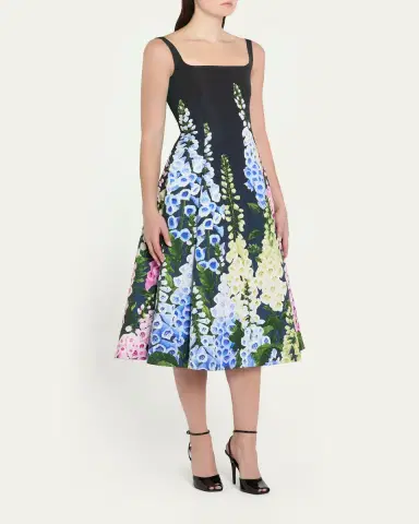 Oscar de la Renta Multi Foxglove Degrade Printed Faille Midi Cocktail Dress | Thumbnail 4 Oscar de la Renta Multi Foxglove Degrade Printed Faille Midi Cocktail Dress | Thumbnail 4