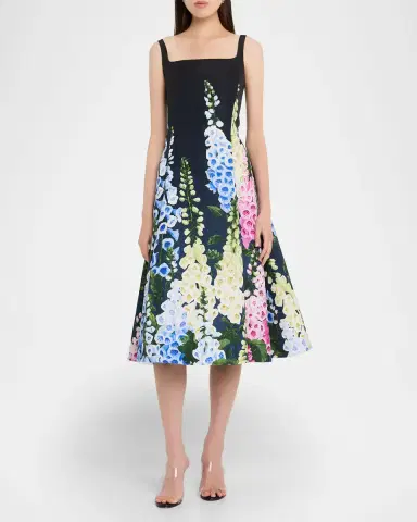 Oscar de la Renta Multi Foxglove Degrade Printed Faille Midi Cocktail Dress | Thumbnail 6 Oscar de la Renta Multi Foxglove Degrade Printed Faille Midi Cocktail Dress | Thumbnail 6