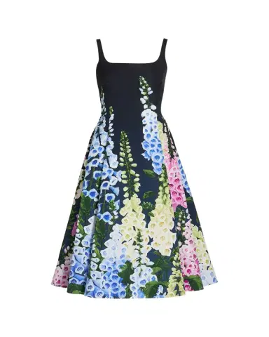 Oscar de la Renta Multi Foxglove Degrade Printed Faille Midi Cocktail Dress | Thumbnail 1 Oscar de la Renta Multi Foxglove Degrade Printed Faille Midi Cocktail Dress | Thumbnail 1
