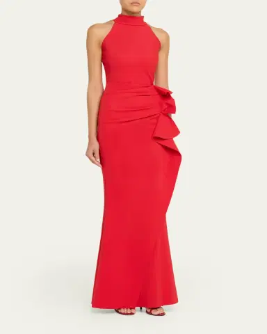 Chiara Boni La Petite Robe Side Ruched Halter Gown with Asymmetric Ruffle | Thumbnail 8 Chiara Boni La Petite Robe Side Ruched Halter Gown with Asymmetric Ruffle | Thumbnail 8