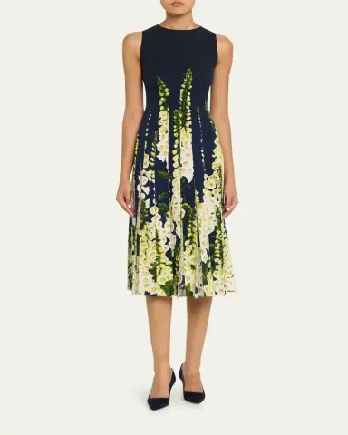 Oscar de la Renta Sleeveless Degrade Foxglove Pleated Midi Dress | Thumbnail 2 Oscar de la Renta Sleeveless Degrade Foxglove Pleated Midi Dress | Thumbnail 2