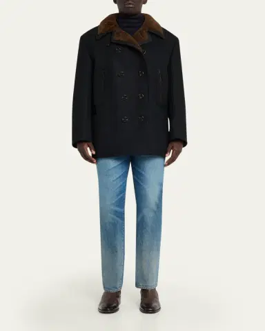 Tom Ford Men's Melton Wool Shearling Double-Breasted Peacoat | Thumbnail 2 Tom Ford Men's Melton Wool Shearling Double-Breasted Peacoat | Thumbnail 2