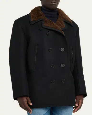 Tom Ford Men's Melton Wool Shearling Double-Breasted Peacoat | Thumbnail 4 Tom Ford Men's Melton Wool Shearling Double-Breasted Peacoat | Thumbnail 4