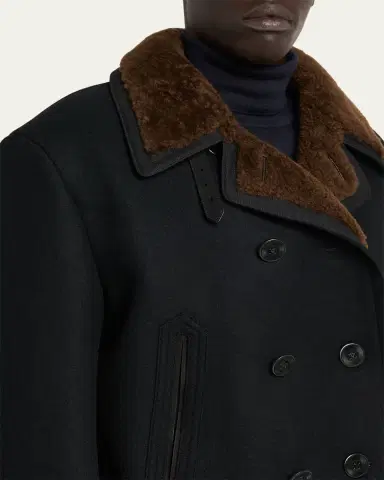 Tom Ford Men's Melton Wool Shearling Double-Breasted Peacoat | Thumbnail 5 Tom Ford Men's Melton Wool Shearling Double-Breasted Peacoat | Thumbnail 5