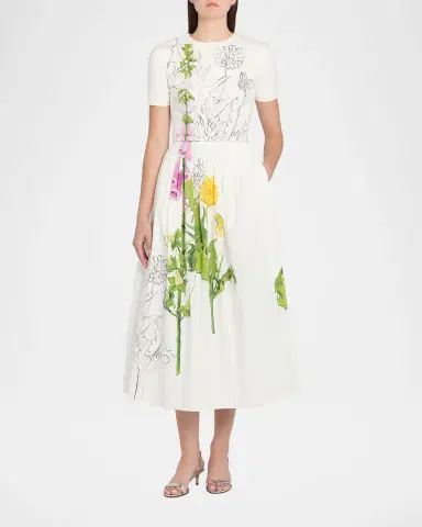 Oscar de la Renta Foxglove Dandelion Poplin Short-Sleeve Midi Dress With Belt | Thumbnail 6 Oscar de la Renta Foxglove Dandelion Poplin Short-Sleeve Midi Dress With Belt | Thumbnail 6