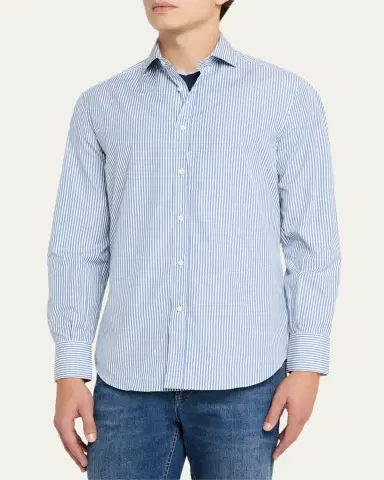 Brunello Cucinelli Men's Narrow Striped Long-Sleeve Shirt | Thumbnail 3 Brunello Cucinelli Men's Narrow Striped Long-Sleeve Shirt | Thumbnail 3