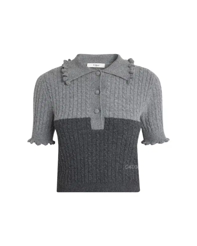 Bicolor Ruffle-Trim Short-Sleeve Polo Sweater Bicolor Ruffle-Trim Short-Sleeve Polo Sweater