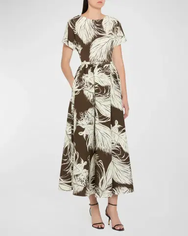Oscar de la Renta Feather-Print Short-Sleeve Belted Fit-&-Flare Ankle Dress | Thumbnail 3 Oscar de la Renta Feather-Print Short-Sleeve Belted Fit-&-Flare Ankle Dress | Thumbnail 3