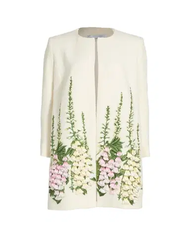 Oscar de la Renta Foxglove Embroidered Tweed Collarless Jacket | Thumbnail 1 Oscar de la Renta Foxglove Embroidered Tweed Collarless Jacket | Thumbnail 1