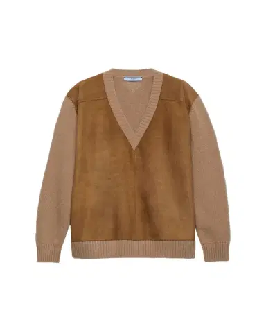 Prada Suede-Front V-Neck Cashmere Sweater | Thumbnail 1 Prada Suede-Front V-Neck Cashmere Sweater | Thumbnail 1