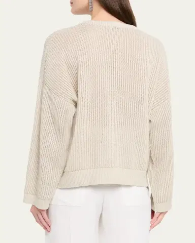 Brunello Cucinelli Metallic Openwork Cotton Rib Crewneck Sweater | Thumbnail 3 Brunello Cucinelli Metallic Openwork Cotton Rib Crewneck Sweater | Thumbnail 3