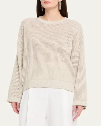 Brunello Cucinelli Metallic Openwork Cotton Rib Crewneck Sweater | Thumbnail 4 Brunello Cucinelli Metallic Openwork Cotton Rib Crewneck Sweater | Thumbnail 4