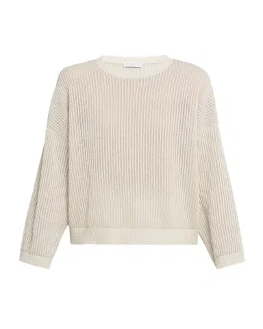 Brunello Cucinelli Metallic Openwork Cotton Rib Crewneck Sweater | Thumbnail 1 Brunello Cucinelli Metallic Openwork Cotton Rib Crewneck Sweater | Thumbnail 1