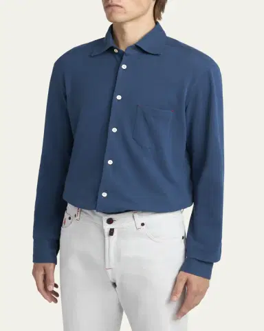 Kiton Men's Pique Button-Down Shirt with Bar Tack Pocket | Thumbnail 4 Kiton Men's Pique Button-Down Shirt with Bar Tack Pocket | Thumbnail 4