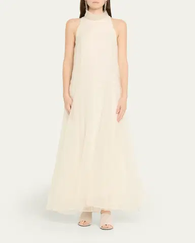 Brunello Cucinelli Crispy Silk Chiffon Drop-Waist Sleeveless Maxi Dress | Thumbnail 2 Brunello Cucinelli Crispy Silk Chiffon Drop-Waist Sleeveless Maxi Dress | Thumbnail 2