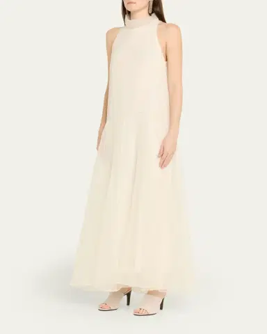 Brunello Cucinelli Crispy Silk Chiffon Drop-Waist Sleeveless Maxi Dress | Thumbnail 4 Brunello Cucinelli Crispy Silk Chiffon Drop-Waist Sleeveless Maxi Dress | Thumbnail 4