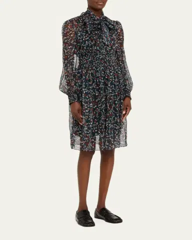 Burberry Disty Floral-Print Silk Creponne Bow-Neck Long-Sleeve Dress | Thumbnail 4 Burberry Disty Floral-Print Silk Creponne Bow-Neck Long-Sleeve Dress | Thumbnail 4