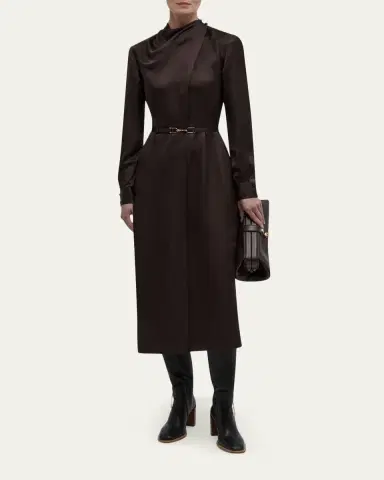Gabriela Hearst Josef Draped Textured Silk Long-Sleeve Midi Dress With Belt | Thumbnail 2 Gabriela Hearst Josef Draped Textured Silk Long-Sleeve Midi Dress With Belt | Thumbnail 2