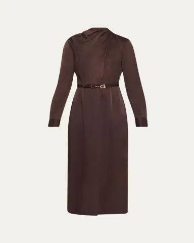 Gabriela Hearst Josef Draped Textured Silk Long-Sleeve Midi Dress With Belt | Thumbnail 14 Gabriela Hearst Josef Draped Textured Silk Long-Sleeve Midi Dress With Belt | Thumbnail 14