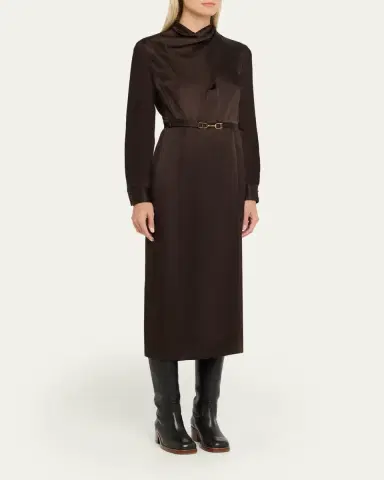 Gabriela Hearst Josef Draped Textured Silk Long-Sleeve Midi Dress With Belt | Thumbnail 4 Gabriela Hearst Josef Draped Textured Silk Long-Sleeve Midi Dress With Belt | Thumbnail 4
