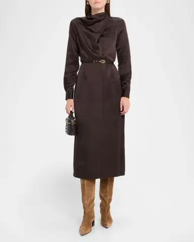 Gabriela Hearst Josef Draped Textured Silk Long-Sleeve Midi Dress With Belt | Thumbnail 10 Gabriela Hearst Josef Draped Textured Silk Long-Sleeve Midi Dress With Belt | Thumbnail 10