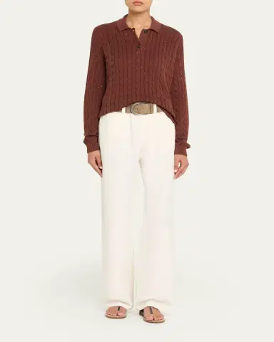 Brunello Cucinelli Paillette Cable Knit Long-Sleeve Polo Sweater | Thumbnail 2 Brunello Cucinelli Paillette Cable Knit Long-Sleeve Polo Sweater | Thumbnail 2