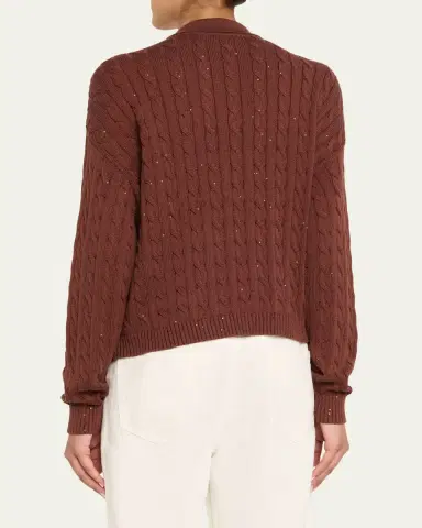 Brunello Cucinelli Paillette Cable Knit Long-Sleeve Polo Sweater | Thumbnail 3 Brunello Cucinelli Paillette Cable Knit Long-Sleeve Polo Sweater | Thumbnail 3