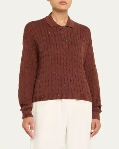 Brunello Cucinelli Paillette Cable Knit Long-Sleeve Polo Sweater | Thumbnail 4 Brunello Cucinelli Paillette Cable Knit Long-Sleeve Polo Sweater | Thumbnail 4