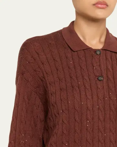 Brunello Cucinelli Paillette Cable Knit Long-Sleeve Polo Sweater | Thumbnail 5 Brunello Cucinelli Paillette Cable Knit Long-Sleeve Polo Sweater | Thumbnail 5