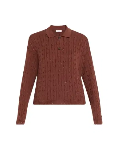 Brunello Cucinelli Paillette Cable Knit Long-Sleeve Polo Sweater | Thumbnail 1 Brunello Cucinelli Paillette Cable Knit Long-Sleeve Polo Sweater | Thumbnail 1