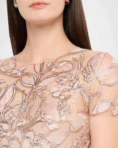Naeem Khan Floral Raffia Embroidered Tulle Short-Sleeve Gown | Thumbnail 4 Naeem Khan Floral Raffia Embroidered Tulle Short-Sleeve Gown | Thumbnail 4