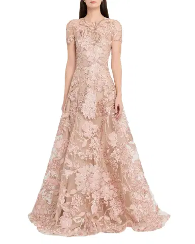 Naeem Khan Floral Raffia Embroidered Tulle Short-Sleeve Gown | Thumbnail 1 Naeem Khan Floral Raffia Embroidered Tulle Short-Sleeve Gown | Thumbnail 1